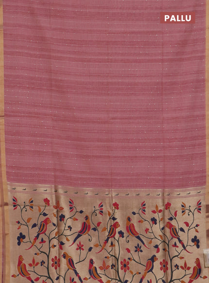 Art linen saree peach pink with allover sequence work and paithani weaving pallu