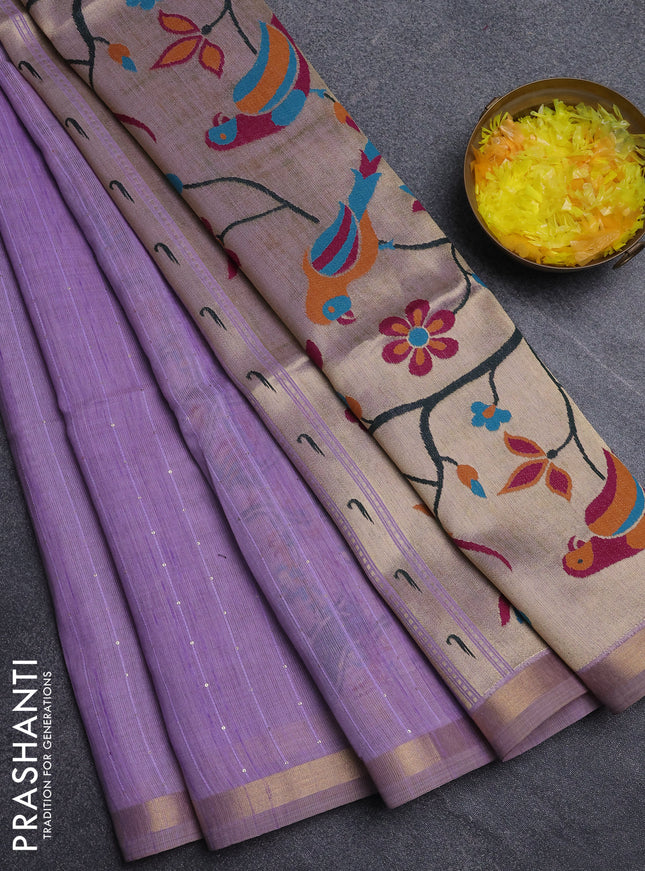 Art linen saree lavender with allover sequence work and paithani weaving pallu