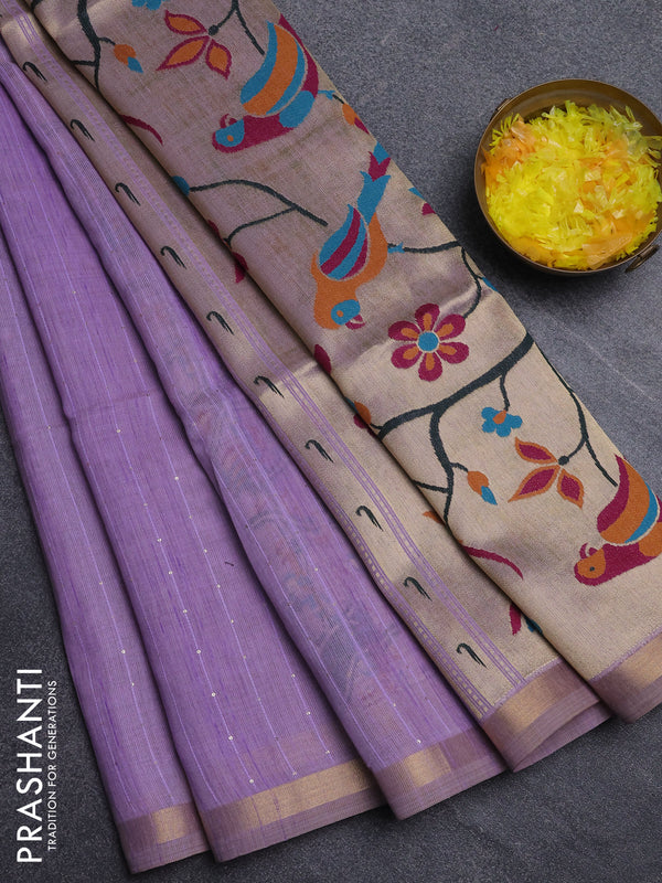 Art linen saree lavender with allover sequence work and paithani weaving pallu