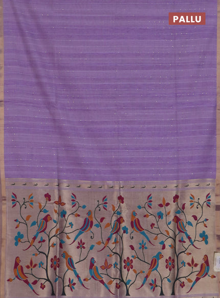 Art linen saree lavender with allover sequence work and paithani weaving pallu