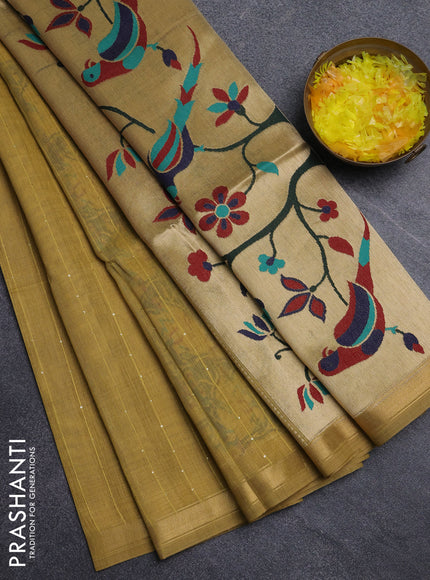 Art linen saree mustard yellow with allover sequence work and paithani weaving pallu