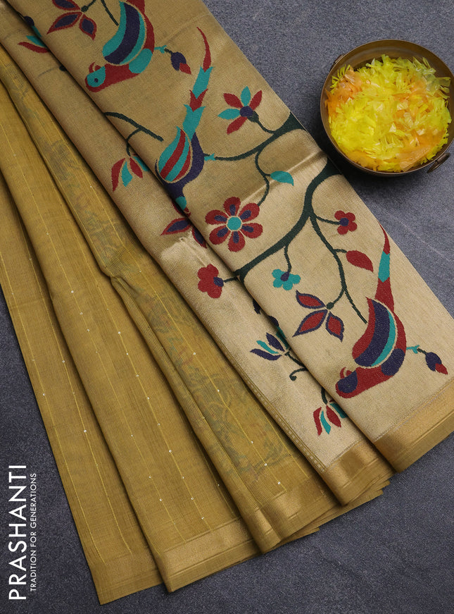 Art linen saree mustard yellow with allover sequence work and paithani weaving pallu