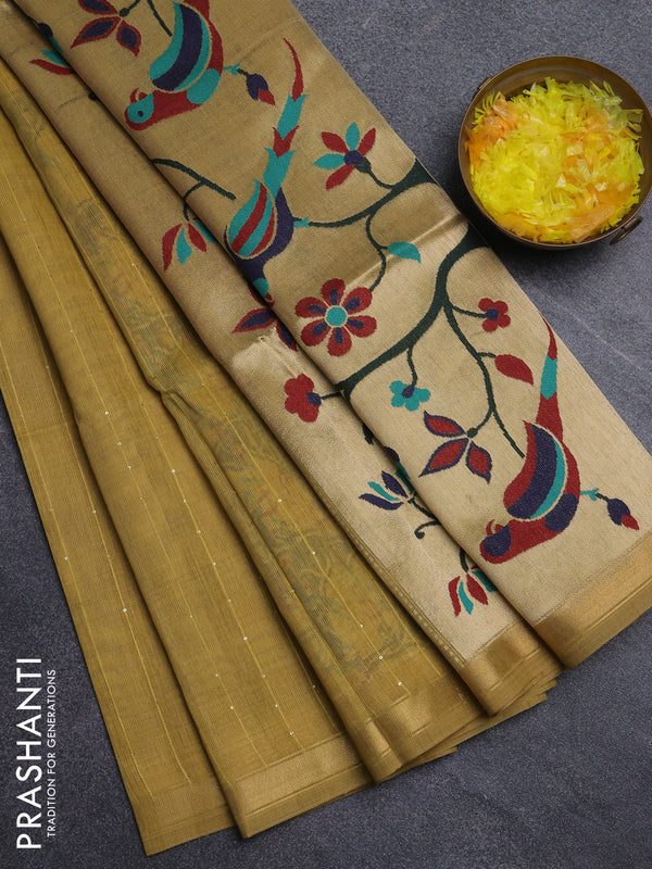 Art linen saree mustard yellow with allover sequence work and paithani weaving pallu