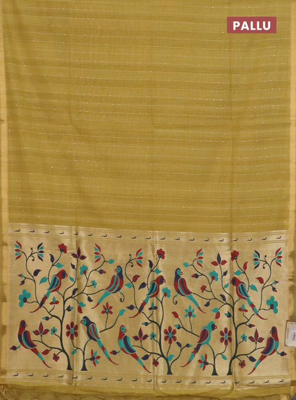Art linen saree mustard yellow with allover sequence work and paithani weaving pallu