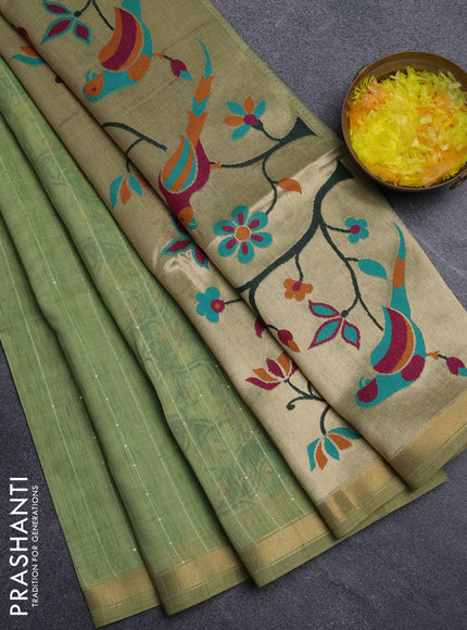 Art linen saree pista green with allover sequence work and paithani weaving pallu