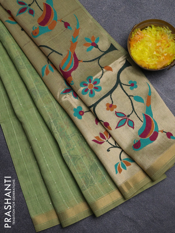Art linen saree pista green with allover sequence work and paithani weaving pallu