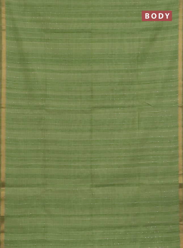 Art linen saree pista green with allover sequence work and paithani weaving pallu