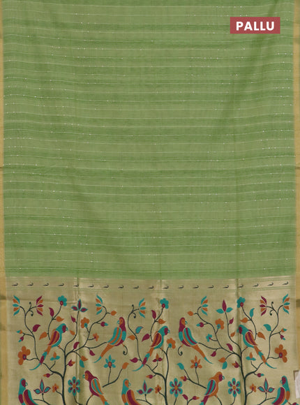 Art linen saree pista green with allover sequence work and paithani weaving pallu