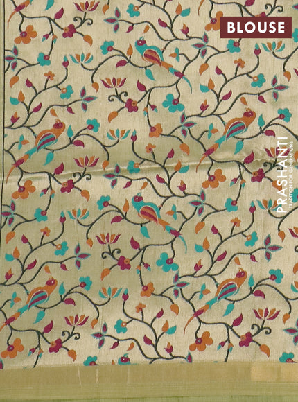 Art linen saree pista green with allover sequence work and paithani weaving pallu