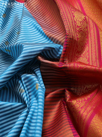 Pure gadwal silk saree teal blue and pink with allover stripe pattern & zari buttas and rich zari woven border