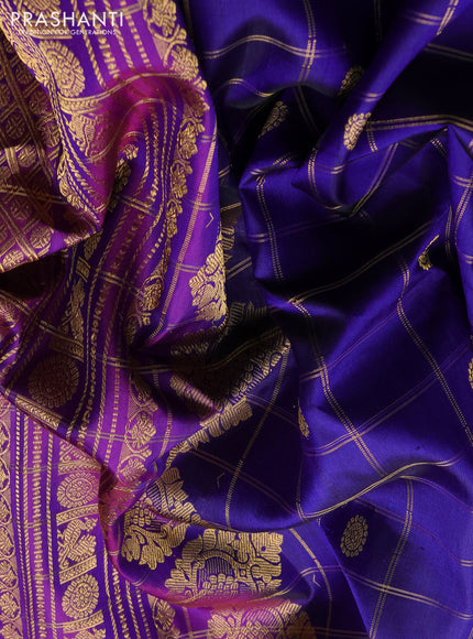 Pure gadwal silk saree blue and magenta pink with allover zari checks & buttas and zari woven border