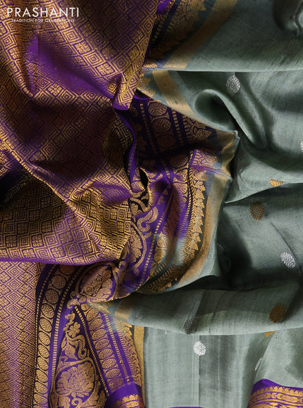 Pure gadwal silk saree greyish green and violet with silver & gold zari woven buttas and long zari woven border