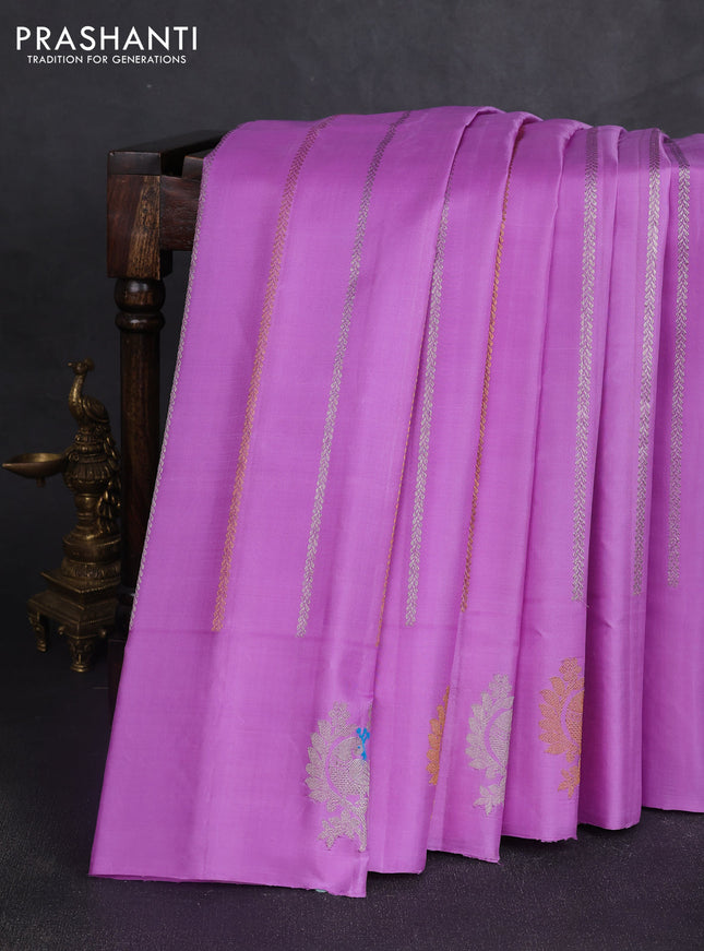 Pure gadwal silk saree lavender with allover zari weaves and peacock zari woven butta border