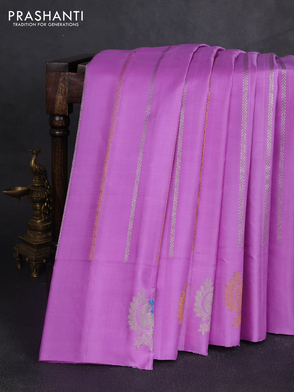 Pure gadwal silk saree lavender with allover zari weaves and peacock zari woven butta border