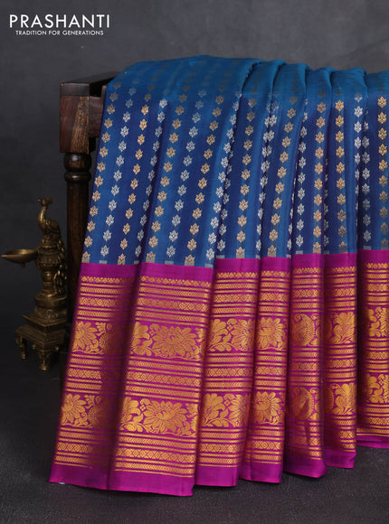 Pure gadwal silk saree peacock green and purple with allover silver & gold zari woven buttas and temple design zari woven border