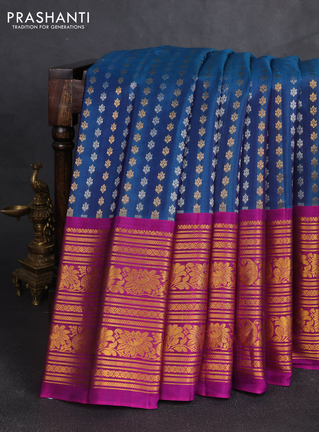 Pure gadwal silk saree peacock green and purple with allover silver & gold zari woven buttas and temple design zari woven border