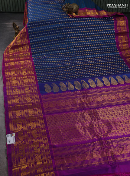 Pure gadwal silk saree peacock green and purple with allover silver & gold zari woven buttas and temple design zari woven border