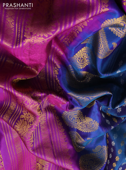 Pure gadwal silk saree peacock green and purple with allover silver & gold zari woven buttas and temple design zari woven border