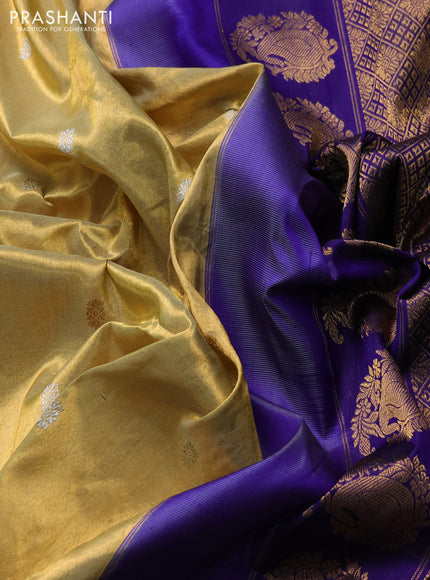 Pure gadwal tissue silk saree gold and violet with allover silver & gold zari woven buttas and temple design zari woven border