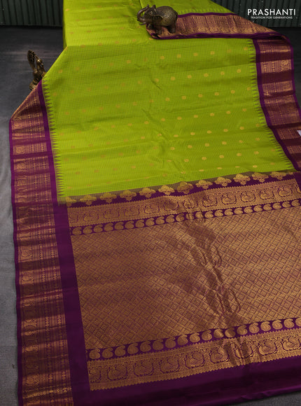 Pure gadwal silk saree lime green and purple with allover checks & zari woven buttas and temple design zari woven border