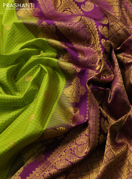 Pure gadwal silk saree lime green and purple with allover checks & zari woven buttas and temple design zari woven border