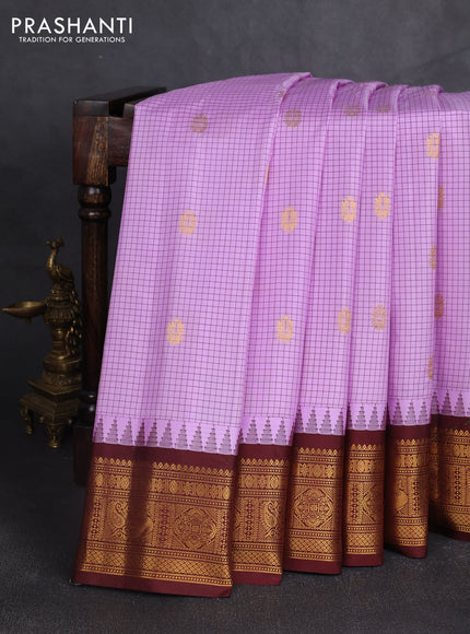 Pure gadwal silk saree lavender and coffee brown with allover checks & zari woven buttas and temple design zari woven border