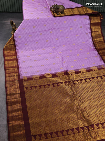 Pure gadwal silk saree lavender and coffee brown with allover checks & zari woven buttas and temple design zari woven border