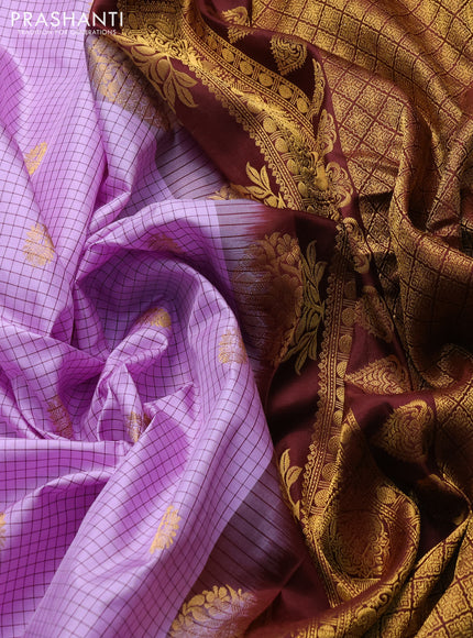 Pure gadwal silk saree lavender and coffee brown with allover checks & zari woven buttas and temple design zari woven border