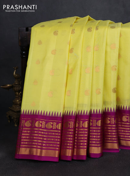 Pure gadwal silk saree lime yellow and purple with zari woven buttas and rich zari woven border
