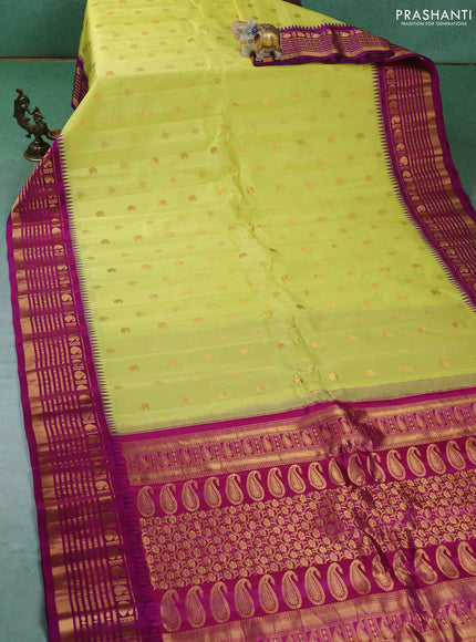 Pure gadwal silk saree lime yellow and purple with zari woven buttas and rich zari woven border