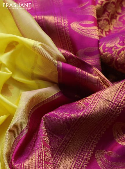 Pure gadwal silk saree lime yellow and purple with zari woven buttas and rich zari woven border