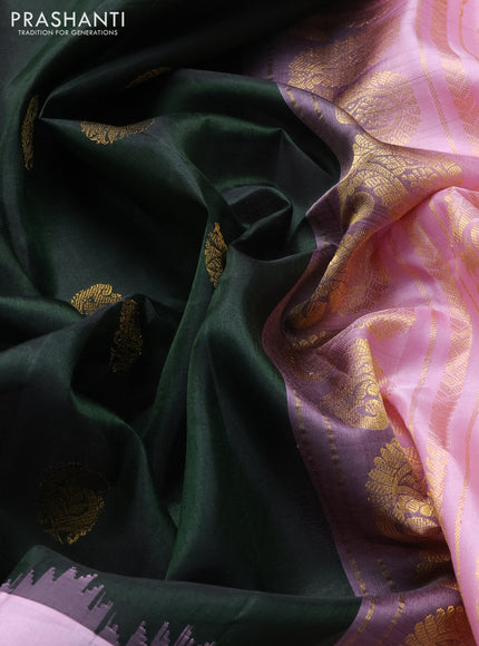 Pure gadwal silk saree bottle green and light pink with zari woven buttas and temple design zari woven border