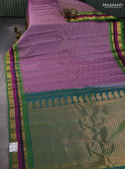 Pure gadwal silk saree mild lavender and green with allover zari checks & buttas and temple design zari woven border