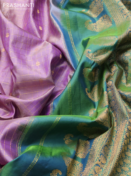 Pure gadwal silk saree mild lavender and green with allover zari checks & buttas and temple design zari woven border