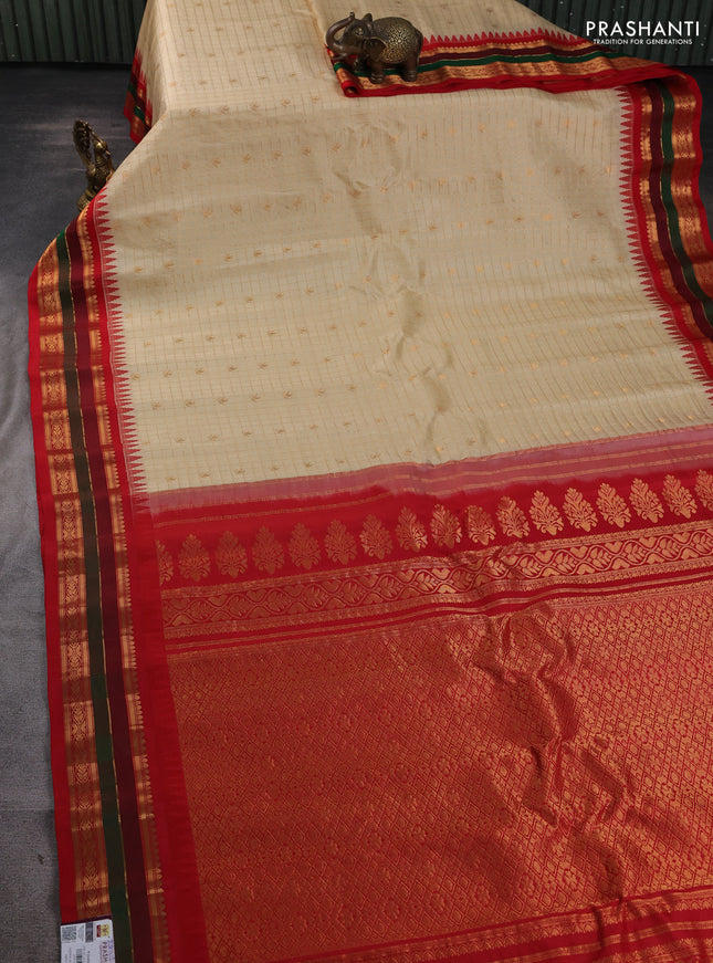 Pure gadwal silk saree sandal and red with allover zari checks & buttas and temple design zari woven border