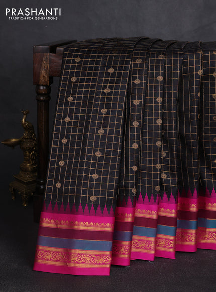 Pure gadwal silk saree black and dark pink with allover zari checks & buttas and temple design zari woven border