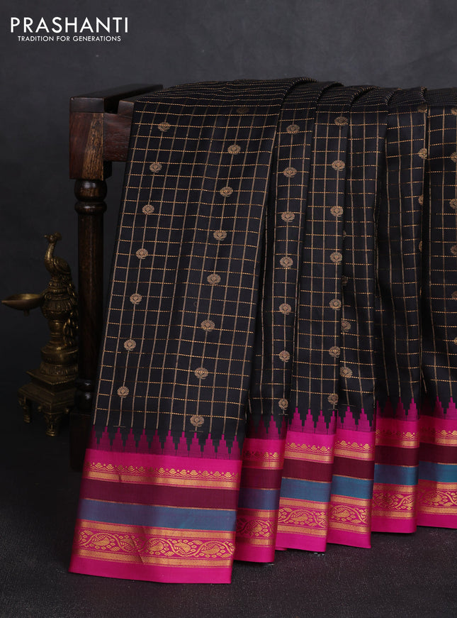 Pure gadwal silk saree black and dark pink with allover zari checks & buttas and temple design zari woven border
