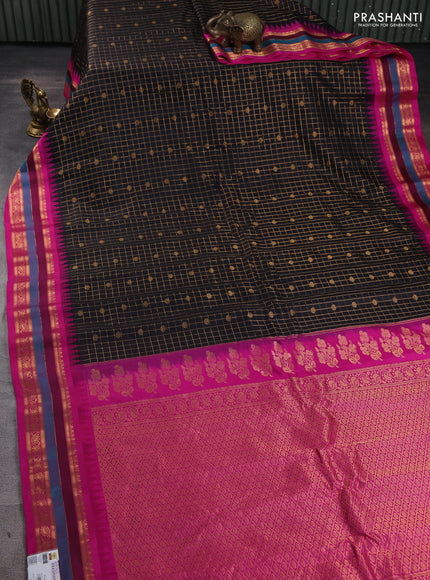 Pure gadwal silk saree black and dark pink with allover zari checks & buttas and temple design zari woven border