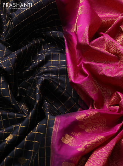 Pure gadwal silk saree black and dark pink with allover zari checks & buttas and temple design zari woven border