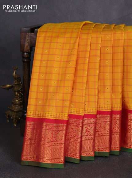 Pure gadwal silk saree mango yellow and red with allover checks & zari woven buttas and temple design zari woven border