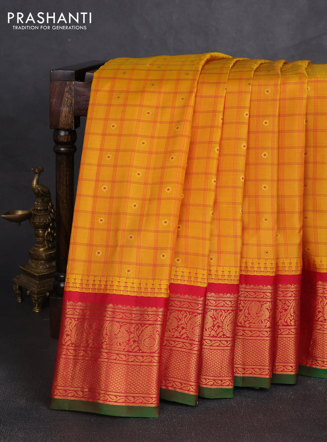 Pure gadwal silk saree mango yellow and red with allover checks & zari woven buttas and temple design zari woven border