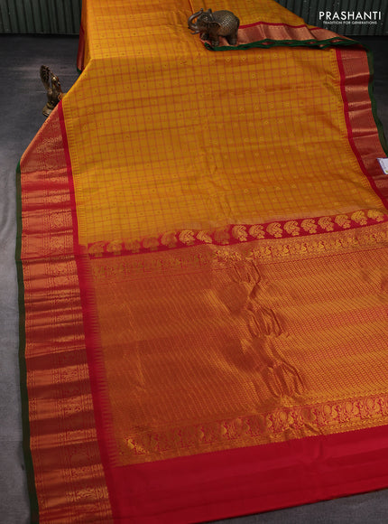 Pure gadwal silk saree mango yellow and red with allover checks & zari woven buttas and temple design zari woven border