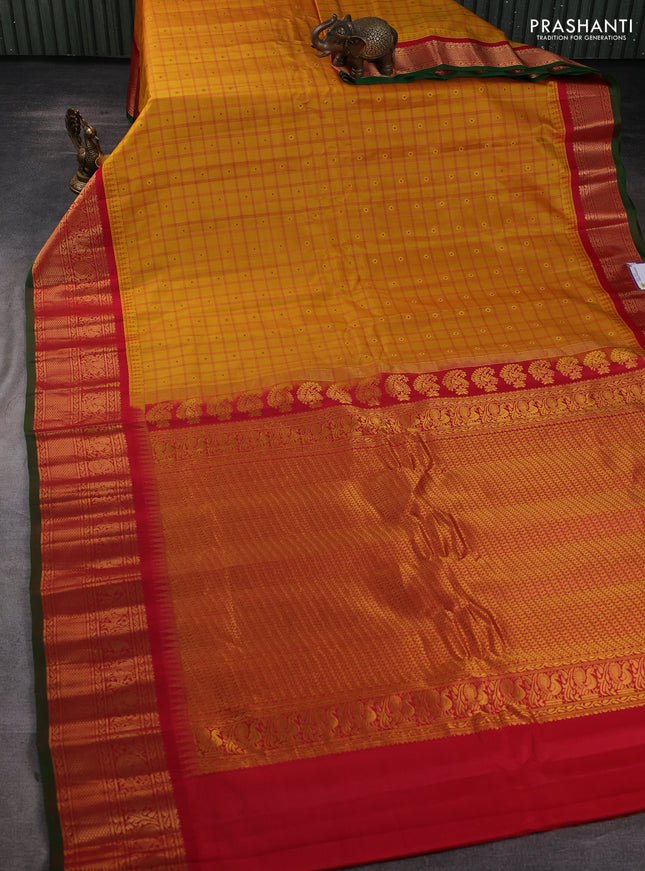 Pure gadwal silk saree mango yellow and red with allover checks & zari woven buttas and temple design zari woven border