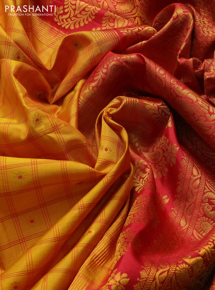 Pure gadwal silk saree mango yellow and red with allover checks & zari woven buttas and temple design zari woven border