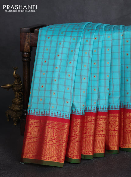 Pure gadwal silk saree teal blue and red with allover checks & zari woven buttas and temple design zari woven border