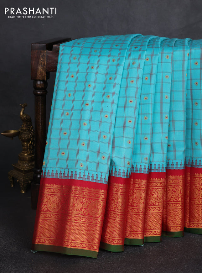 Pure gadwal silk saree teal blue and red with allover checks & zari woven buttas and temple design zari woven border