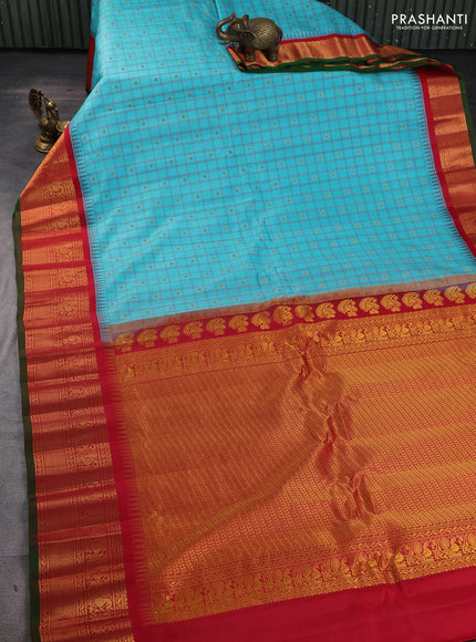 Pure gadwal silk saree teal blue and red with allover checks & zari woven buttas and temple design zari woven border