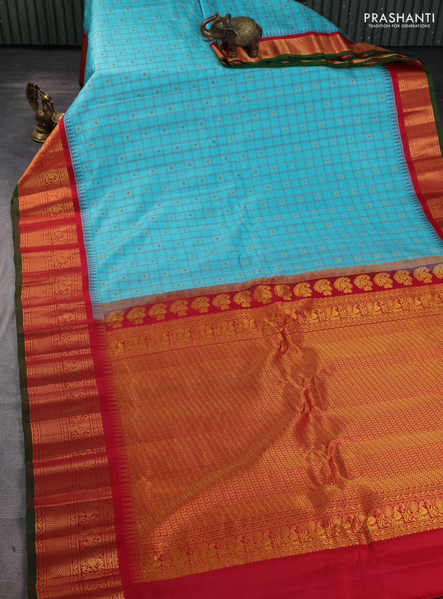 Pure gadwal silk saree teal blue and red with allover checks & zari woven buttas and temple design zari woven border