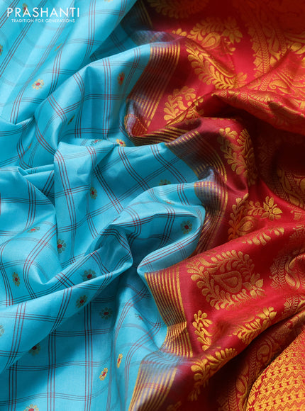Pure gadwal silk saree teal blue and red with allover checks & zari woven buttas and temple design zari woven border
