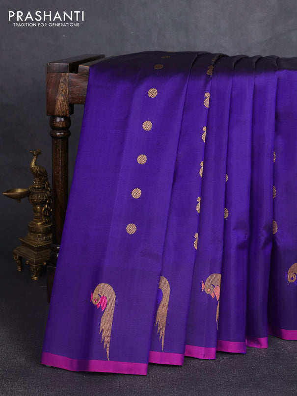 Pure gadwal silk saree blue and purple with allover zari woven buttas and peacock zari woven butta border